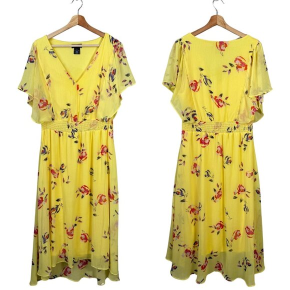 DKNY Shirred Floral Print Crepon Midi Dress Womens 14 Yellow Flutter Sleeve Chic - Picture 3 of 13
